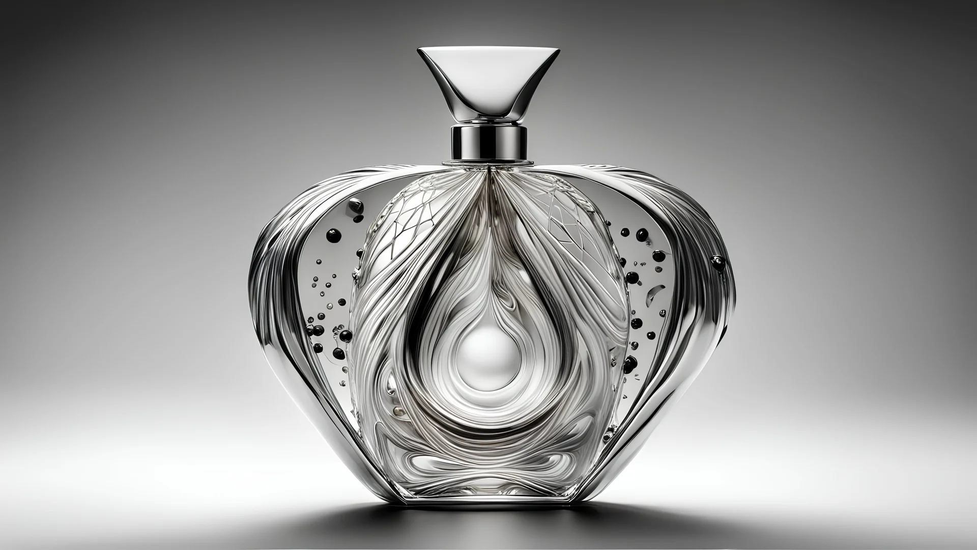 Imagine a perfume bottle that defies conventions and sparks the imagination. Picture a design so unique and captivating that it becomes a work of art, seamlessly blending aesthetics with fragrance. Conceptualize this extraordinary perfume bottle, focusing on an out-of-the-box and breathtakingly beautiful design - blink – and – you – miss – it detail, Shot on a Hasselblad high format camera with a 100mm lens. Unmistakable to a photograph. Cinematic lighting. --Chromatic Aberration