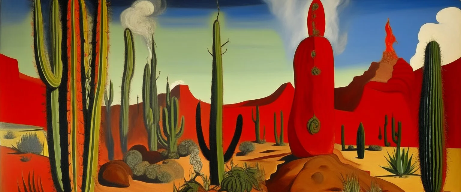 A red smoking badlands with scorching cacti painted by Pablo Picasso