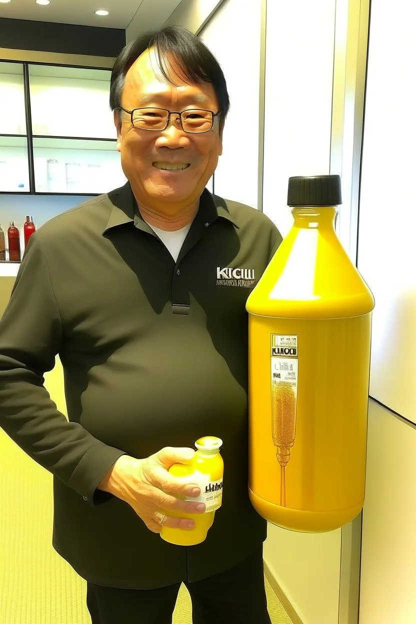 Robert Kiyosaki standing next to giant golden milk bottle that say milk on STYLE OF HIROKU OGAI