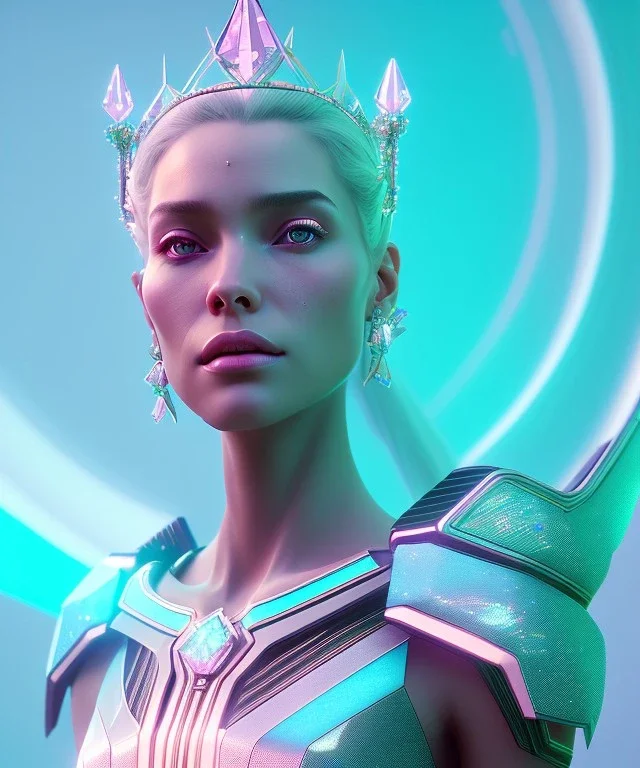 A portrait of a crystalised queen, atmospheric, realistic, unreal engine, cinematic lighting, octane render, transoarent, pink turquoise light