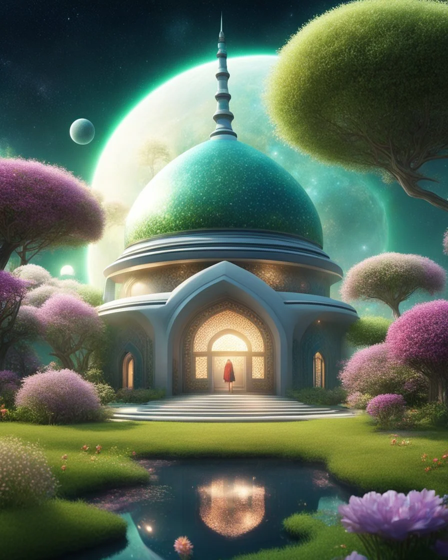 cosmic future mosque in space, small lake, particle, very pretty shrubs++, well-cut green grass and small flowers of all colors, small dome-shaped house