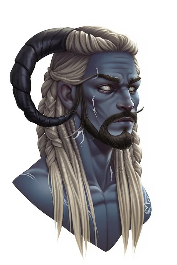 A tieffelin with blue skin and white Dreadlock hair. His pupil-less eyes are green. He wears a small beard.