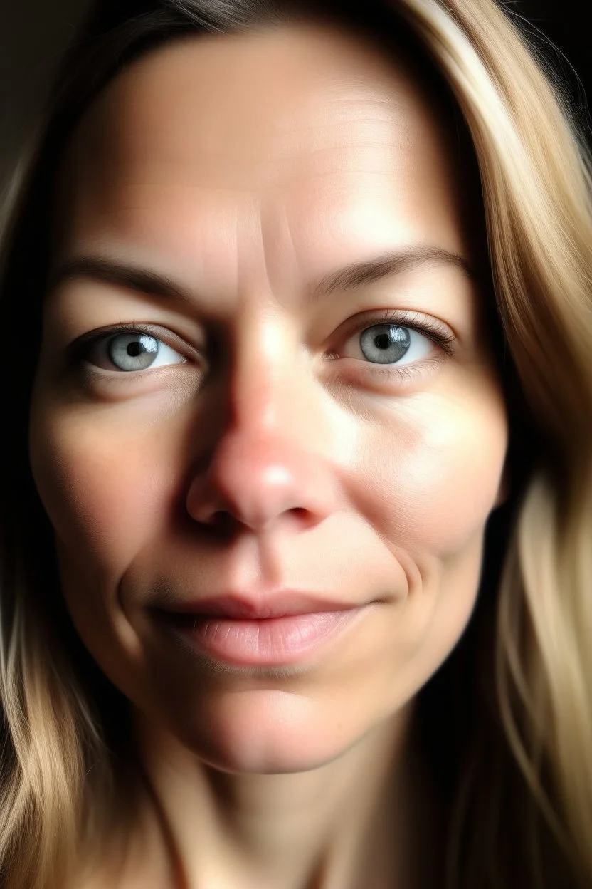 A selfie of a woman, middle blond hair, showing a 39-year-old European woman. She has brown hair, face without makeup, cute nose, detailed full lips, skin texture. Natural lighting and low contrast. Face framed.