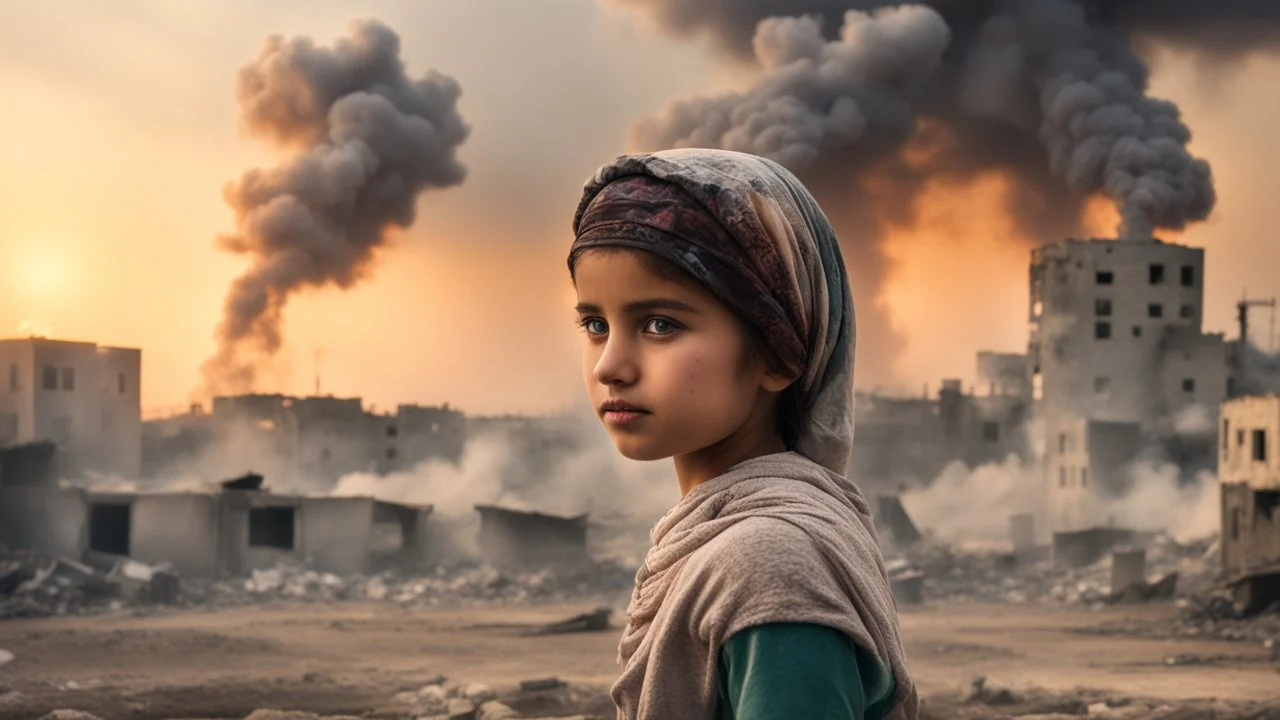 close young palestinian girl with a kuffeah. Large clouds of smoke rise from the land of gaza . With demolished buildings in the background. with sunset colors Made in the palestinian style