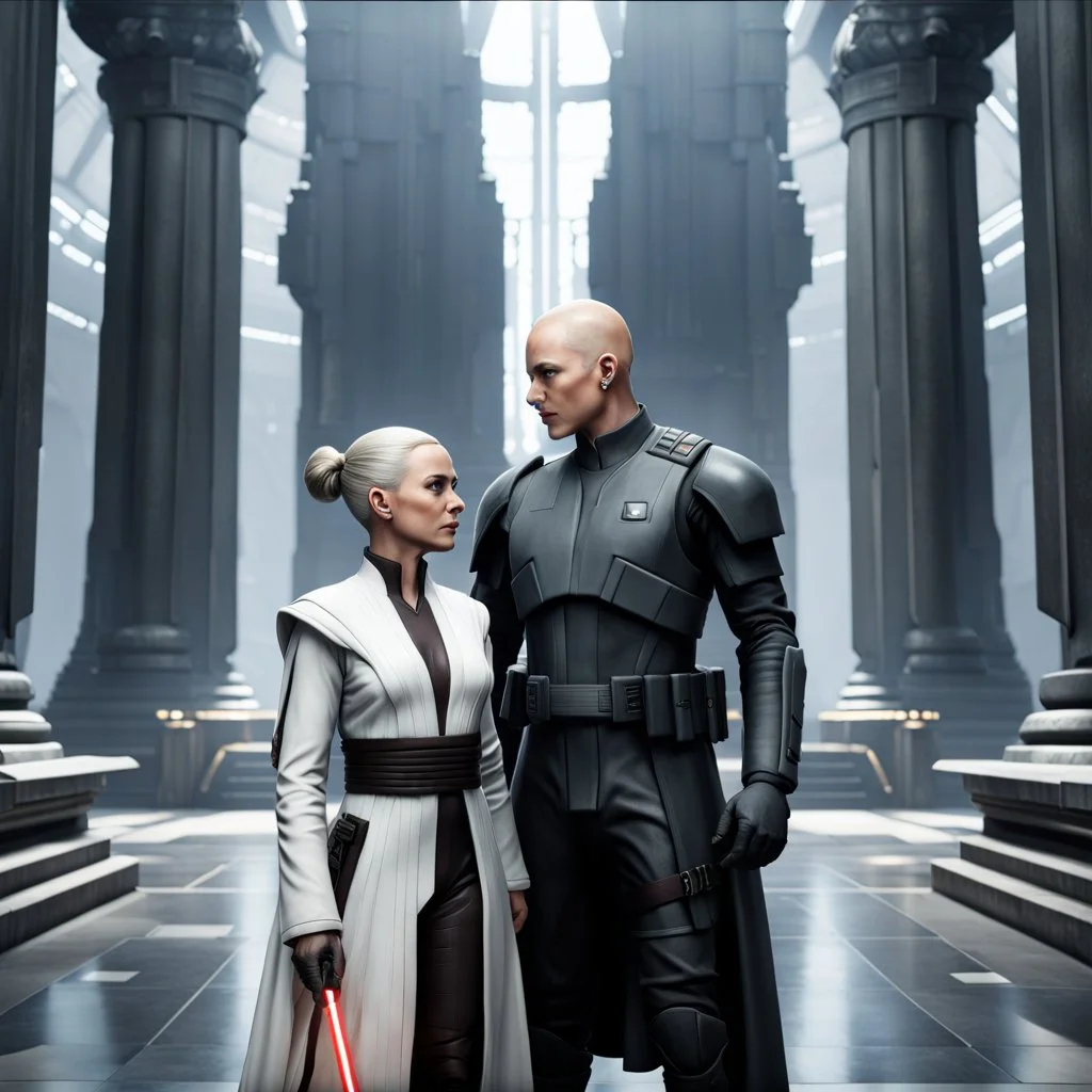 a bold and heroic bald male Corellian pilot in black and grey First Order special forces gear meets a female Jedi Master in ancient, mystical temple, hyperdetailed, dynamic lighting, hyperdetailed background, 8k resolution, volumetric lighting, light skin, fully symmetric details