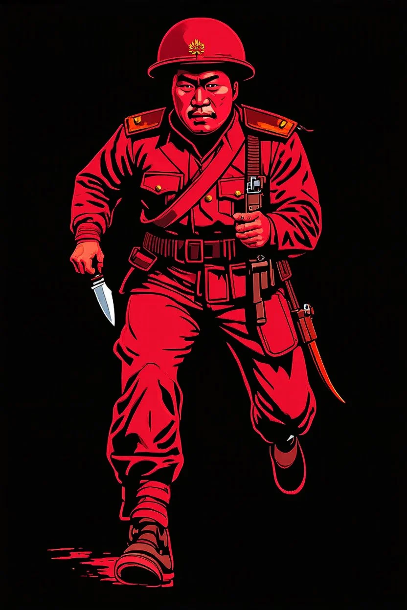 mongolian soldier(uniform and face based on racist steriotypes) running towards viewer, a knife i one hand, and a gun(barrel pointing at viewer) in the other. blocky retro 1960's jack kirby style poster in monochrome with white background