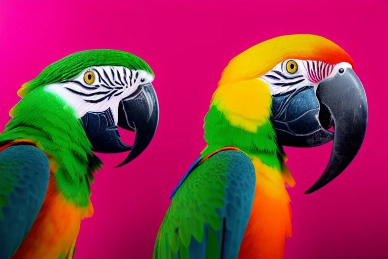 photorealistic, 85mm photo, studio lighting, parrot, by lisa frank, polychromatic colors, thick, rose quartz, dark background