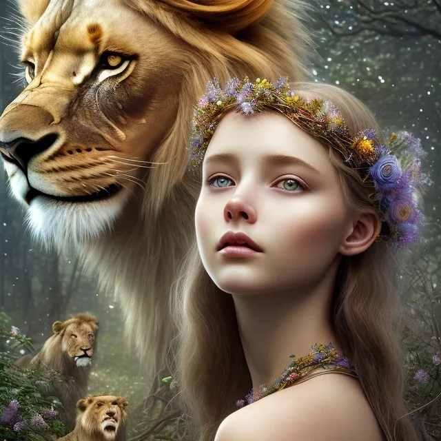 Young beautiful girl wearing floral crown next to a majestic, stunning lion on nature forest path, Chronicles of Narnia, 8k resolution, high-quality, fine-detail, iridescent, intricate, digital art, detailed matte, volumetric lighting, beautiful, illustration, 3D octane render, brian froud, howard lyon, selina french, anna dittmann, annie stokes, lisa parker, greg rutowski,