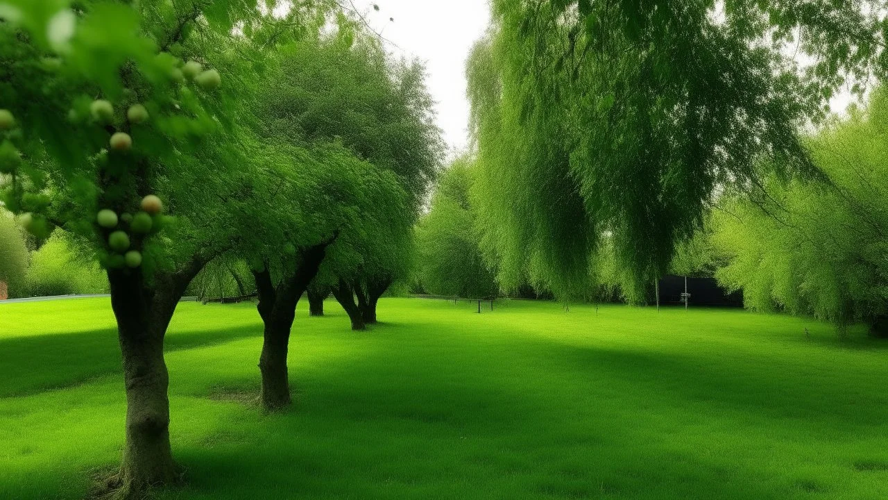 trees in the middle of the garden close to camera, apple tree on the left plum tree on the right cherry tree in the middle in the on the green grass