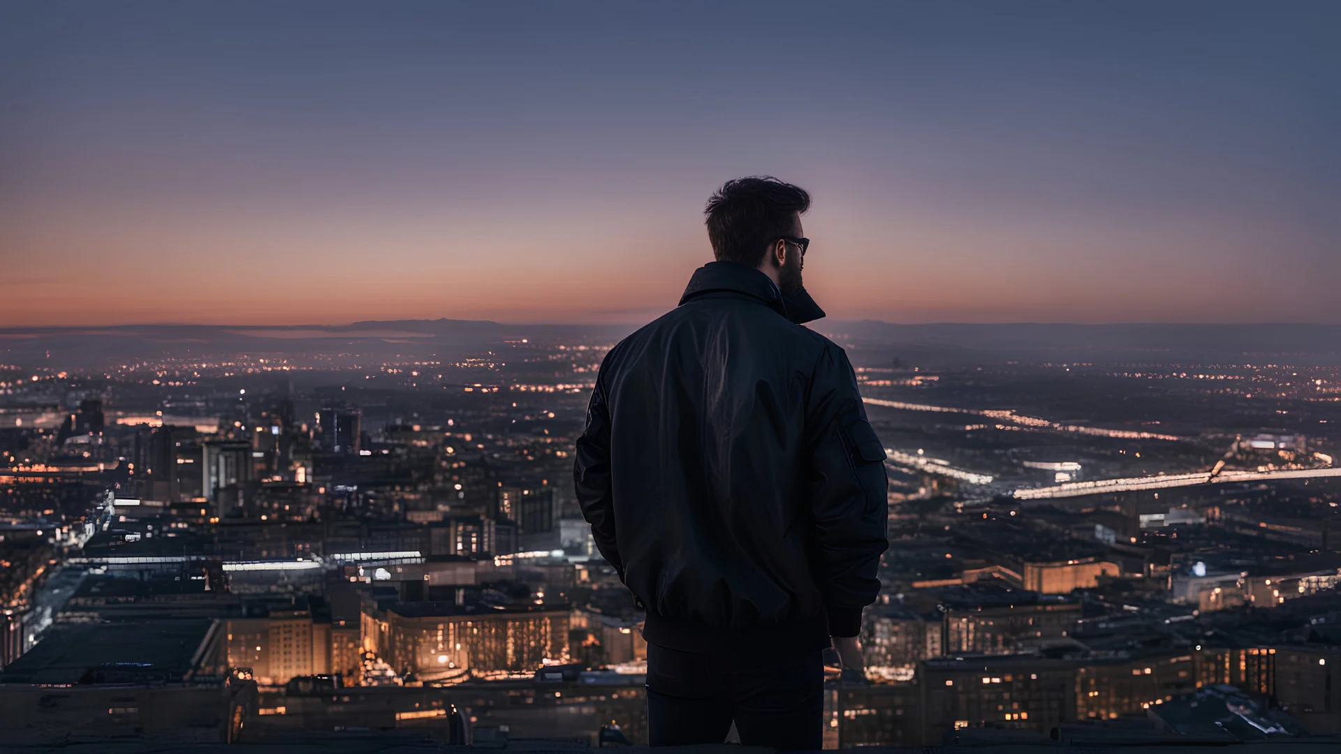 An Englishman in a bomber jacket standing to one side of a tall building looking across a city after sunset