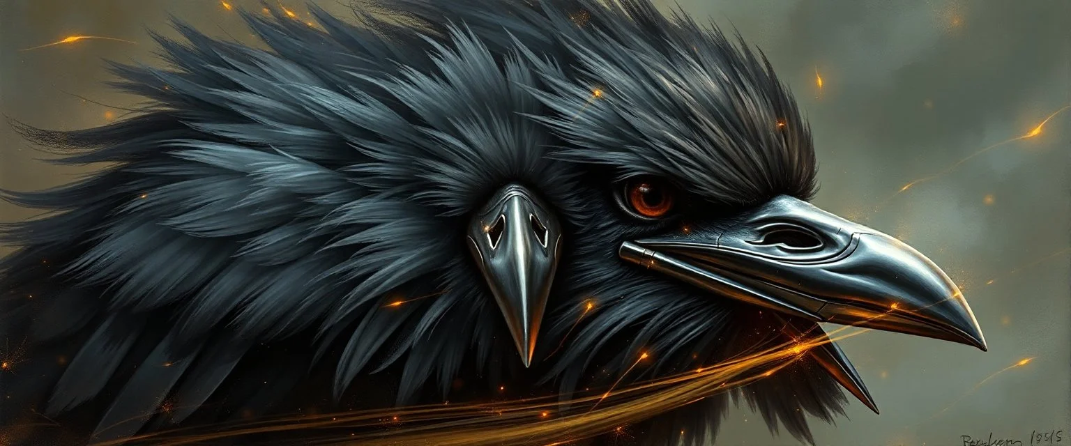 the high speed magical face of a fluffy raven with panda riders painted with Rembrandt