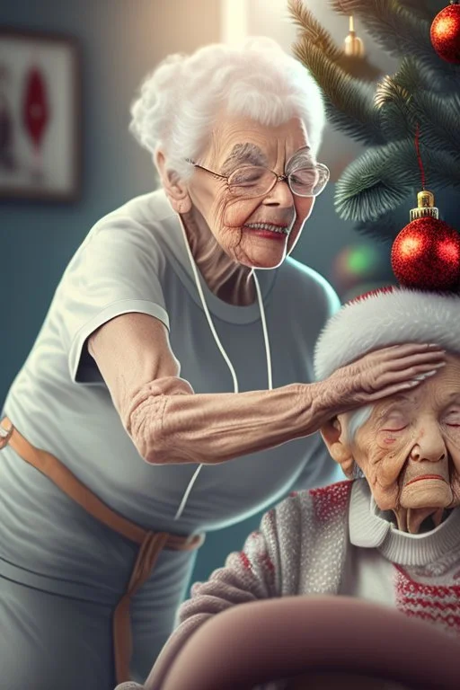 A heartwarming close-up photo of a young nurse helping an elderly person decorate a Christmas tree. Intricate details, 4k, realistic