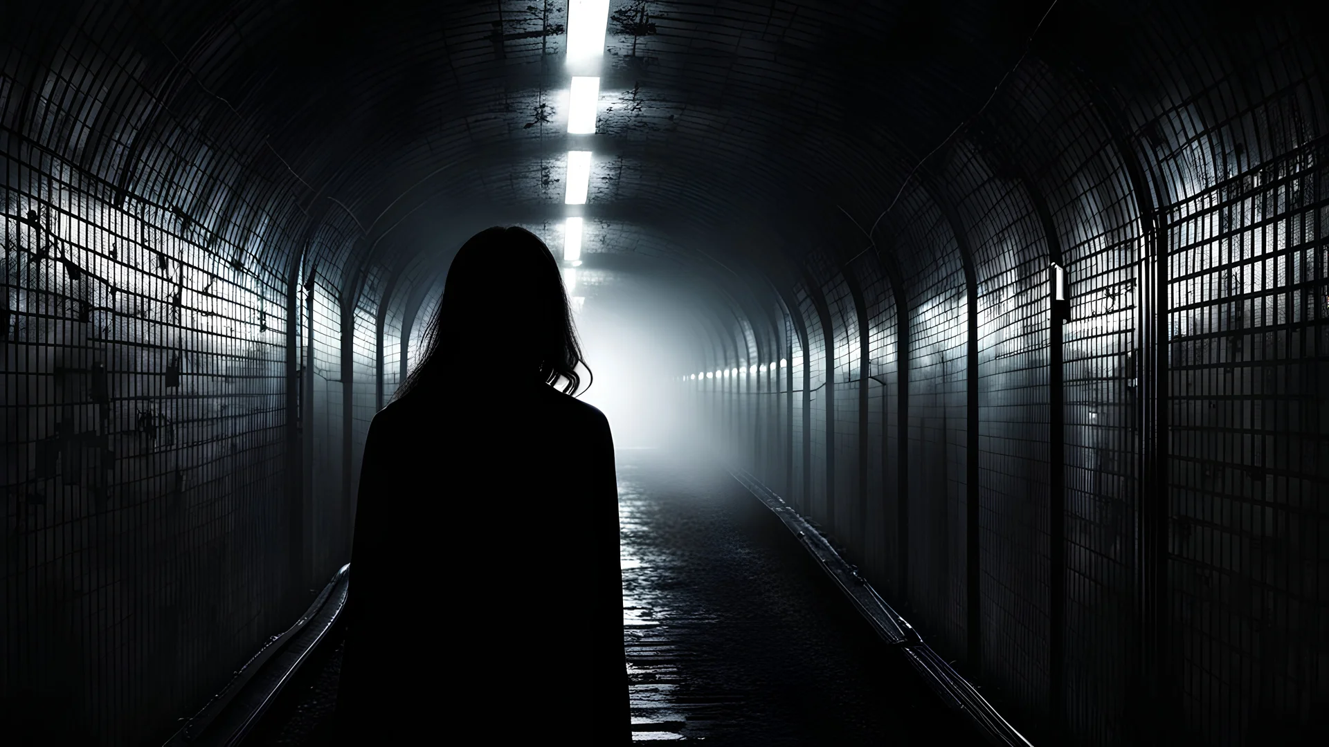 a woman silhouette in metro tunnel, dark shadows the walls, the heart ached with fear and sadness, for knows what the end, sinister, etheral, fog, dark mistic mood