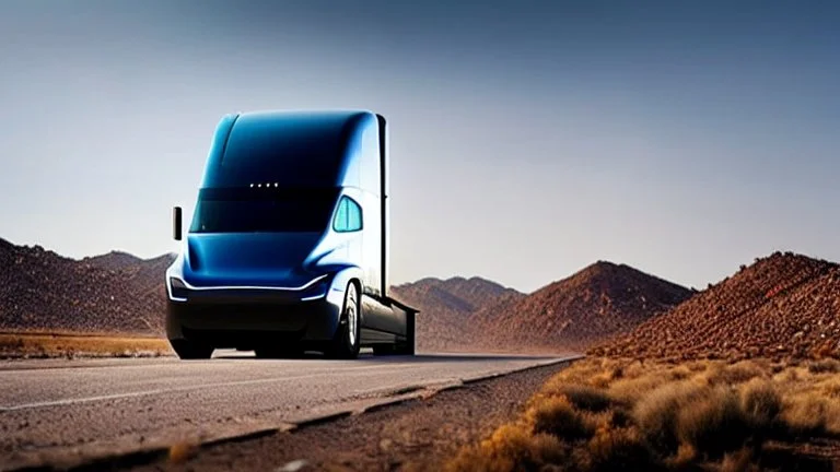 A Tesla semi-truck is parked, in the post-apocalyptic world of the 'Terminator' movies. CINEMATIC. WIDE ANGLE LENS. PHOTO REAL.