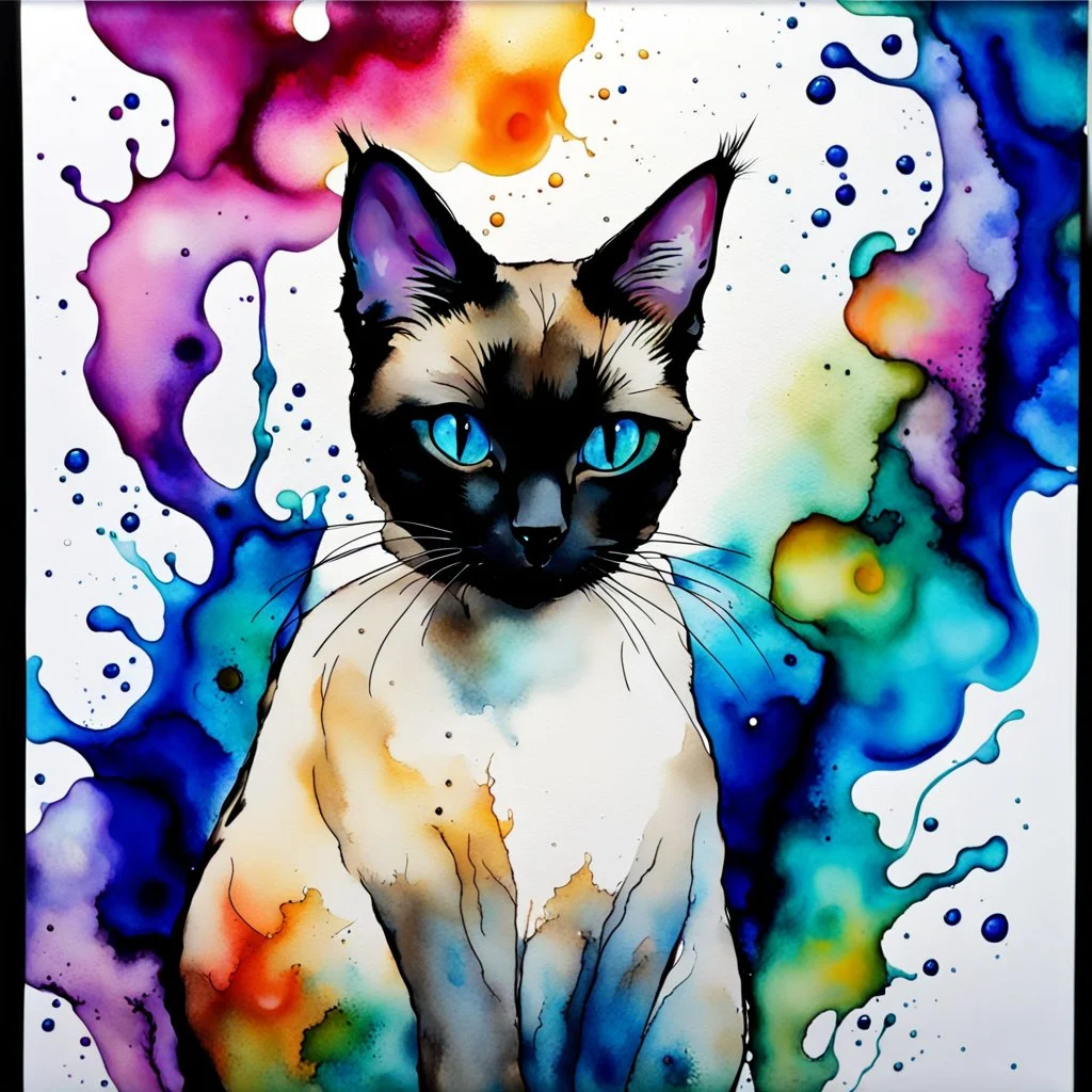 : Alcohol inks, inks on glass, splash art, watercolors. Essence of an [Siamese cats]. whimsical, unique.