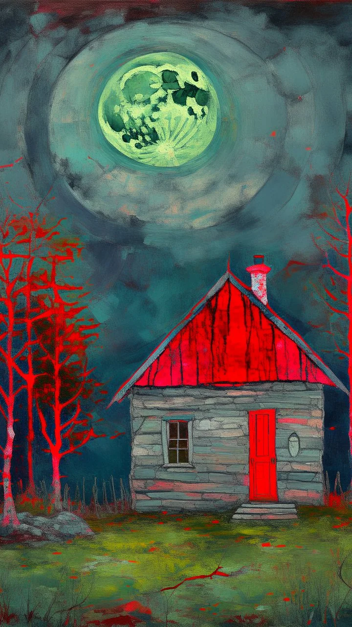 Painterly. Abstract. A cottage with a moss covered roof in a clearing. The moon very small , A willowy androgynous human figure stands clothed in red silk raiments. Anomalous red cloud issuing forth from the heart. Simple yet majestic