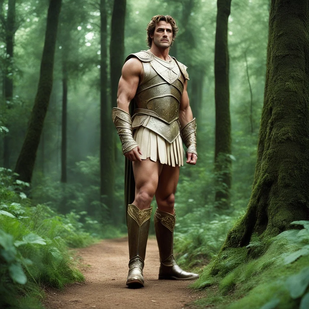 [high res photo by Monty Python] Theseus from Shakespeare's A Midsummer Night's Dream. Tall, strong, regal; impeccably groomed in formal attire. His commanding presence fills the forest clearing as he transforms into a gladiator for the day. Theseus exudes confidence with every step, his posture reflecting his unwavering certainty. The air crackles with anticipation as he prepares to face the challenges that lie ahead in his newfound arena. The scene unfolds with an air of mystique and anticipat