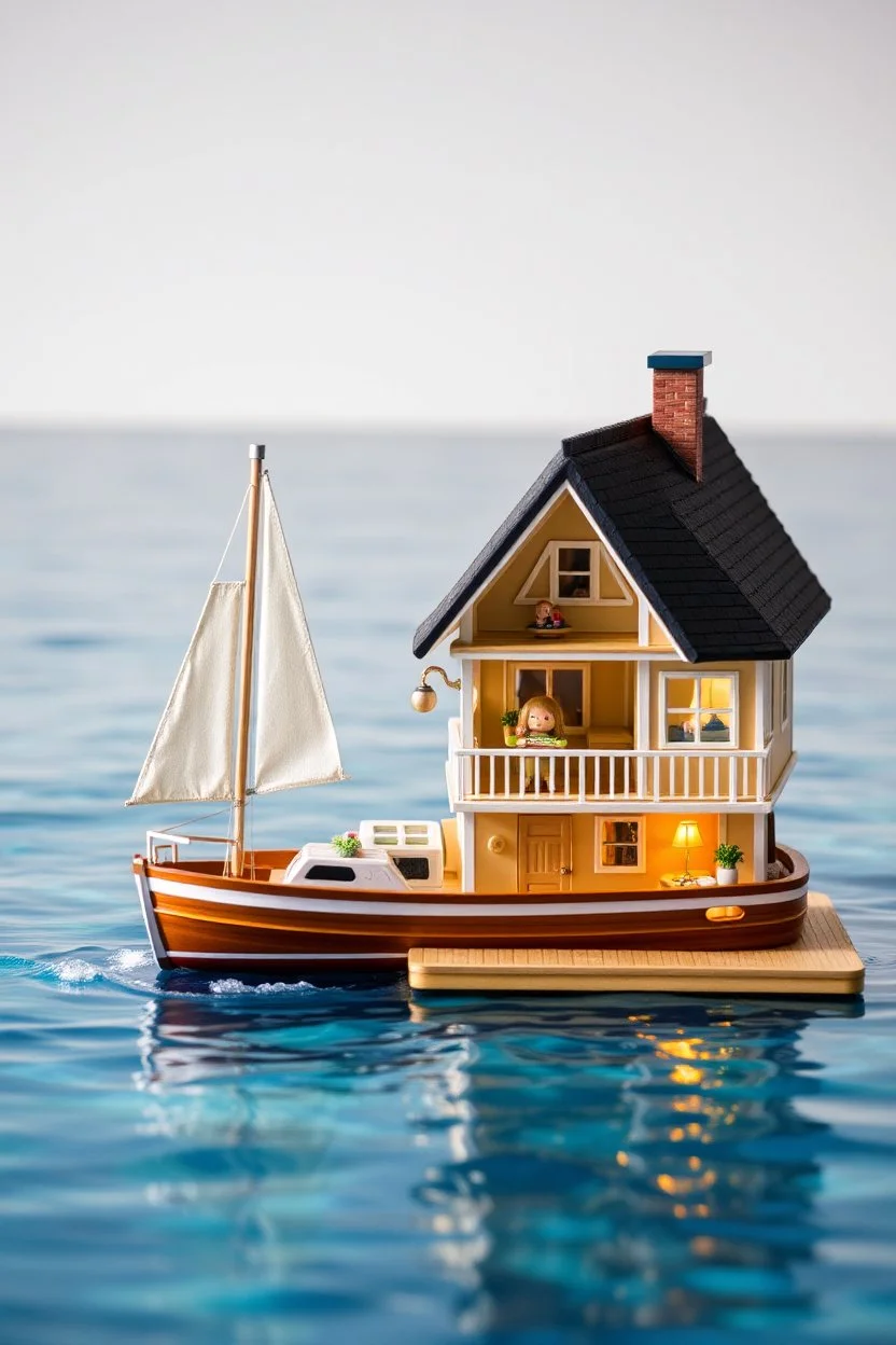 doll house by water with doll cabin cruiser