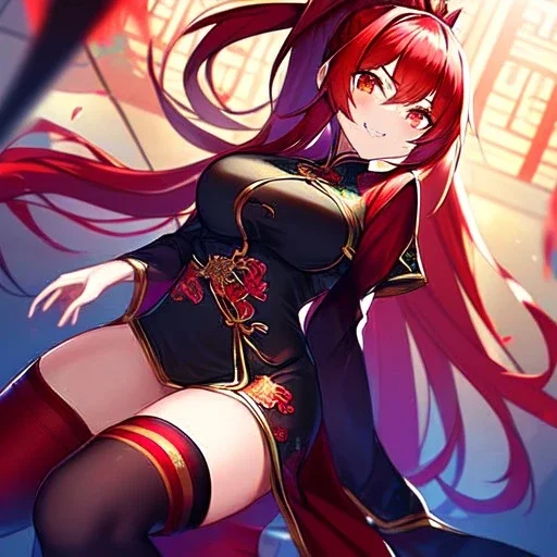 girl, masterpiece, best quality, volumetric lighting, detailed outfit, perfect eyes, red hair, red eyes, long hair, thigh highs, ponytail, chinese clothes, nervous smile,