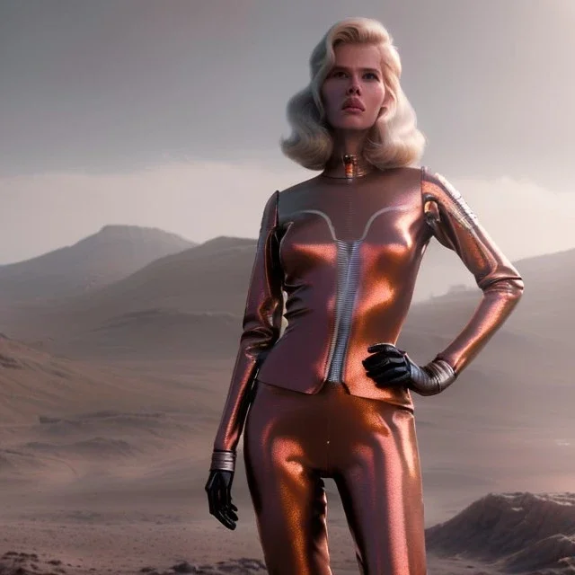 Ultra Realistic retro sci-fi movie scene, waist up view portrait, 5 clones blonde women, sweet young Claudia Schiffer face, perfect iris, glow eyes, makeup, weapon. Mars background, Retro sci-fi style, helmet, tight latex coat, fog, rain, soft color, highly detailed, unreal engine 5, ray tracing, RTX, lumen lighting, ultra detail, volumetric lighting, 3d, finely drawn, high definition, high resolution.