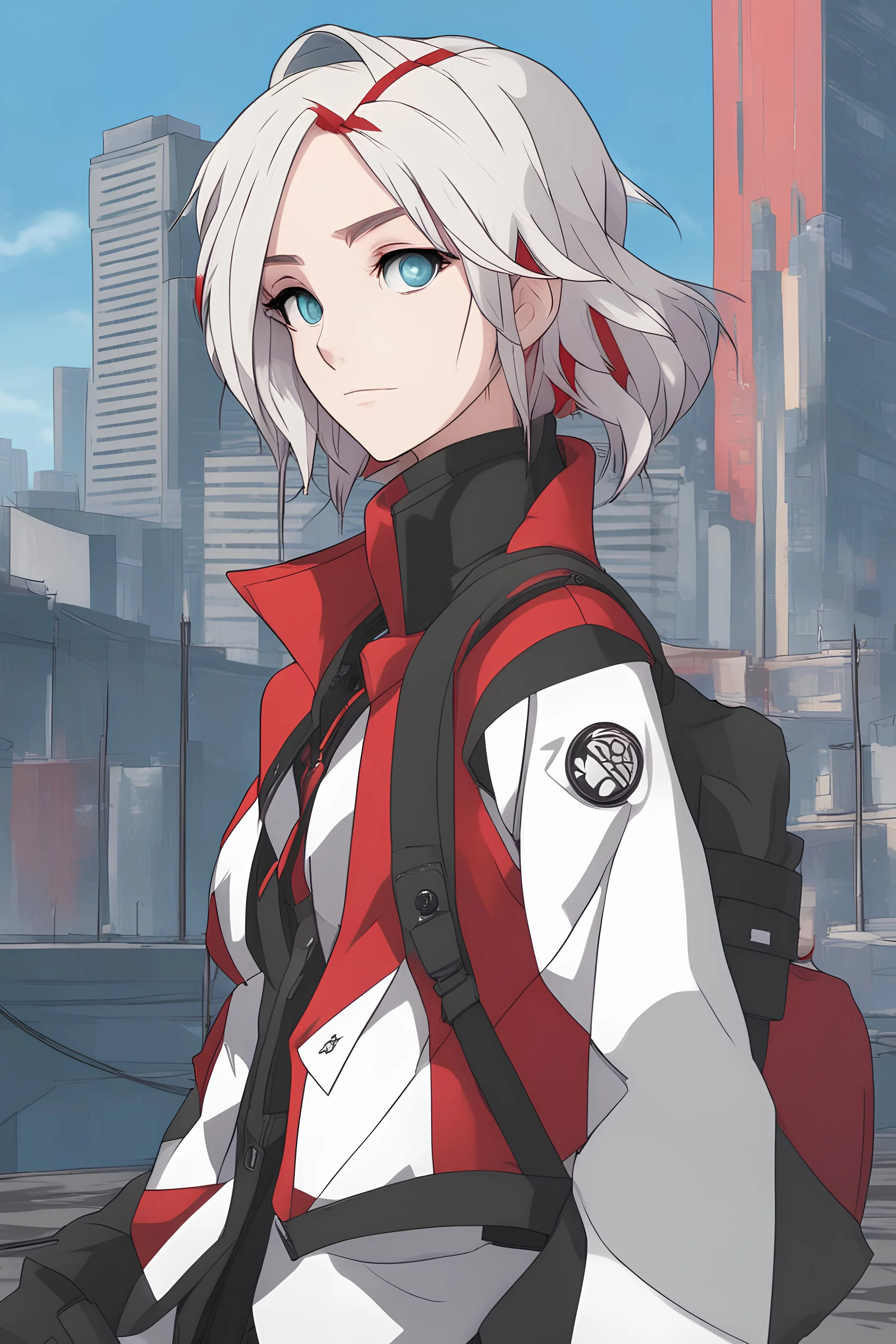 Young woman with blood red and white hair, blue eyes, wearing red and black clothes, city background, RWBY animation style