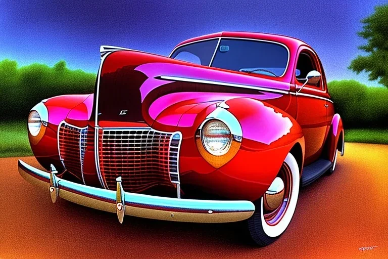 a true-to-life 1940 ford coupe, two-tone paintwork, classic hotrod wheels, pen and color marker, centered, intricate, extreme detailed, photorealism, center view, 1940s suburbs background, pivot on ford, painting by cheryl kelley