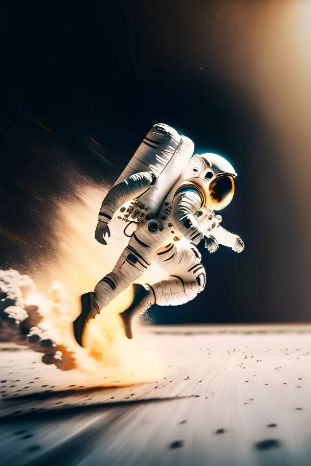 Front key view of an astronaut running away franticly