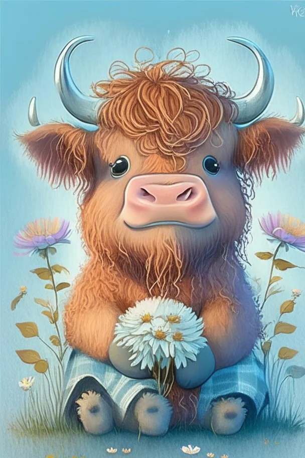 dorable cute happy baby scottish highland cow with dreamy eyes, sitting down and holding a flower, nursery art, very rendered polished Perfect, smooth edges, flawless Facial Features, Stunning, Whimsical Fantasy, Cute, Highly Detailed, Well Rendered, cartoon, illustration