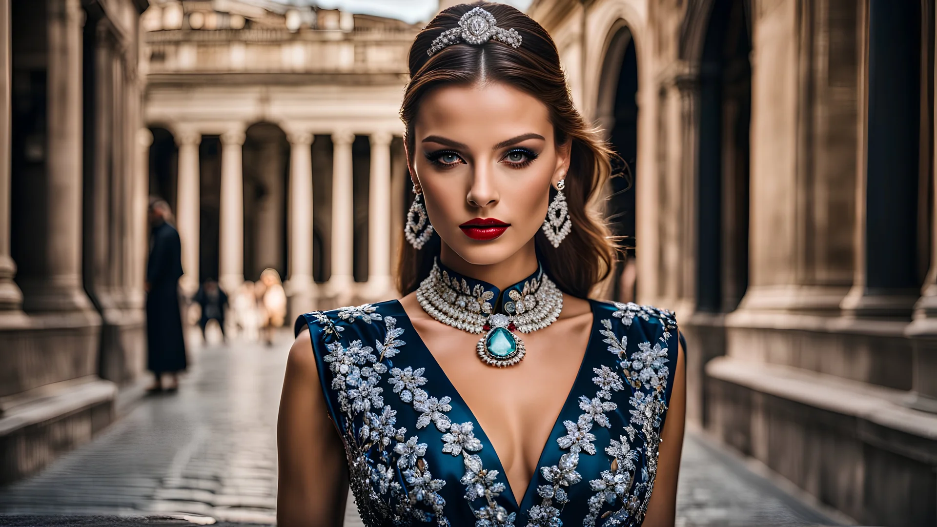 Beautiful model female fashion vogue style, portraits with dresses Gucci, background Rome via Nazionale, via Condotti, Dramatic ambience, wearing Damiani Diamond Jewelry, in sharp focus, post – processing, perfect composition, global illumination, Canon EF 16 – 35mm f/ 2. 8L III USM Lens on a Canon EOS 5D Mark IV camera, Cinematic lighting, Dramatic lighting, sharp focus, photorealistic, Ultimate Luxury, romantic mood, expressions, 4k, 8k, 16k, full ultra hd, high resolution --ar 3:2 --v 5 --up-