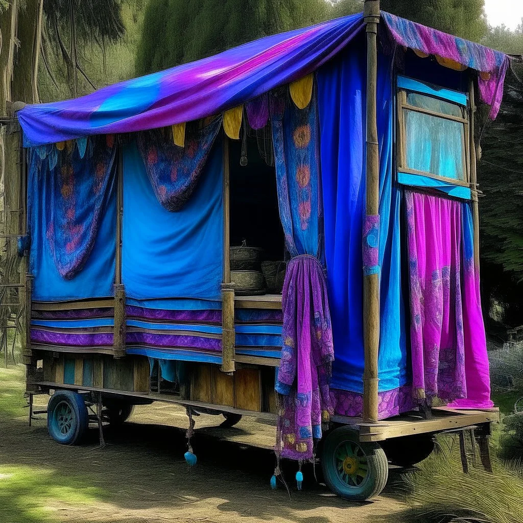 Old fashioned purple, blue and pink gypsy wagon decorated, curtains fluttering in the wind