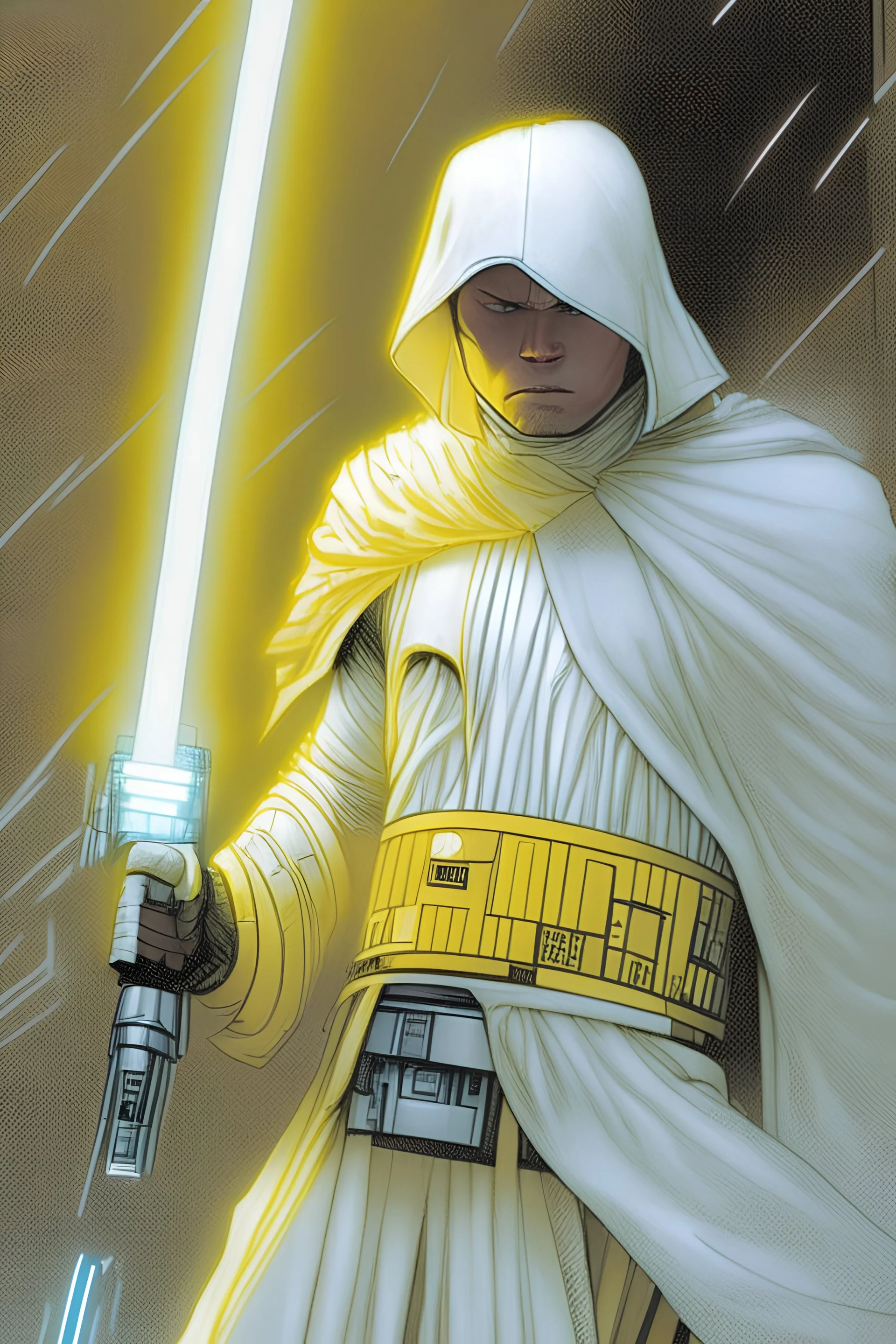 A Jedi in light white armor, yellow lightsaber, graphic novel