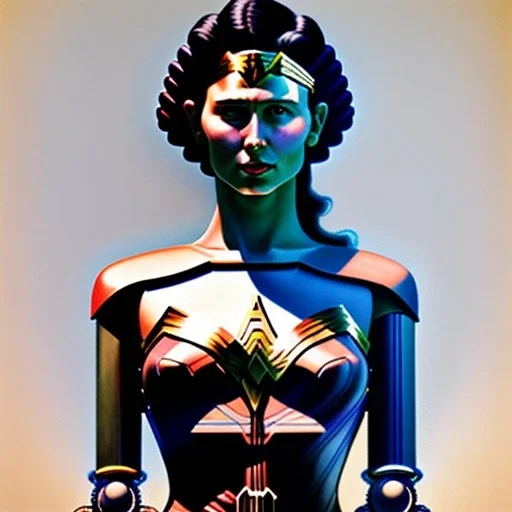 a vibrant ultraclear sideview waist up portrait of the wonder woman robot by rene magritte and laurie greasley, etching by gustave dore, colorful flat surreal, ethereal, intricate, sharp focus, illustration, highly detailed, digital painting, concept art, masterpiece
