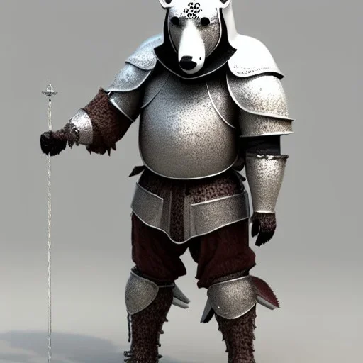 Un ours blanc, réaliste, habillé en chevalier, anthropomorphique, sombre, très détaillé, représentation 3d, un maximum de détail