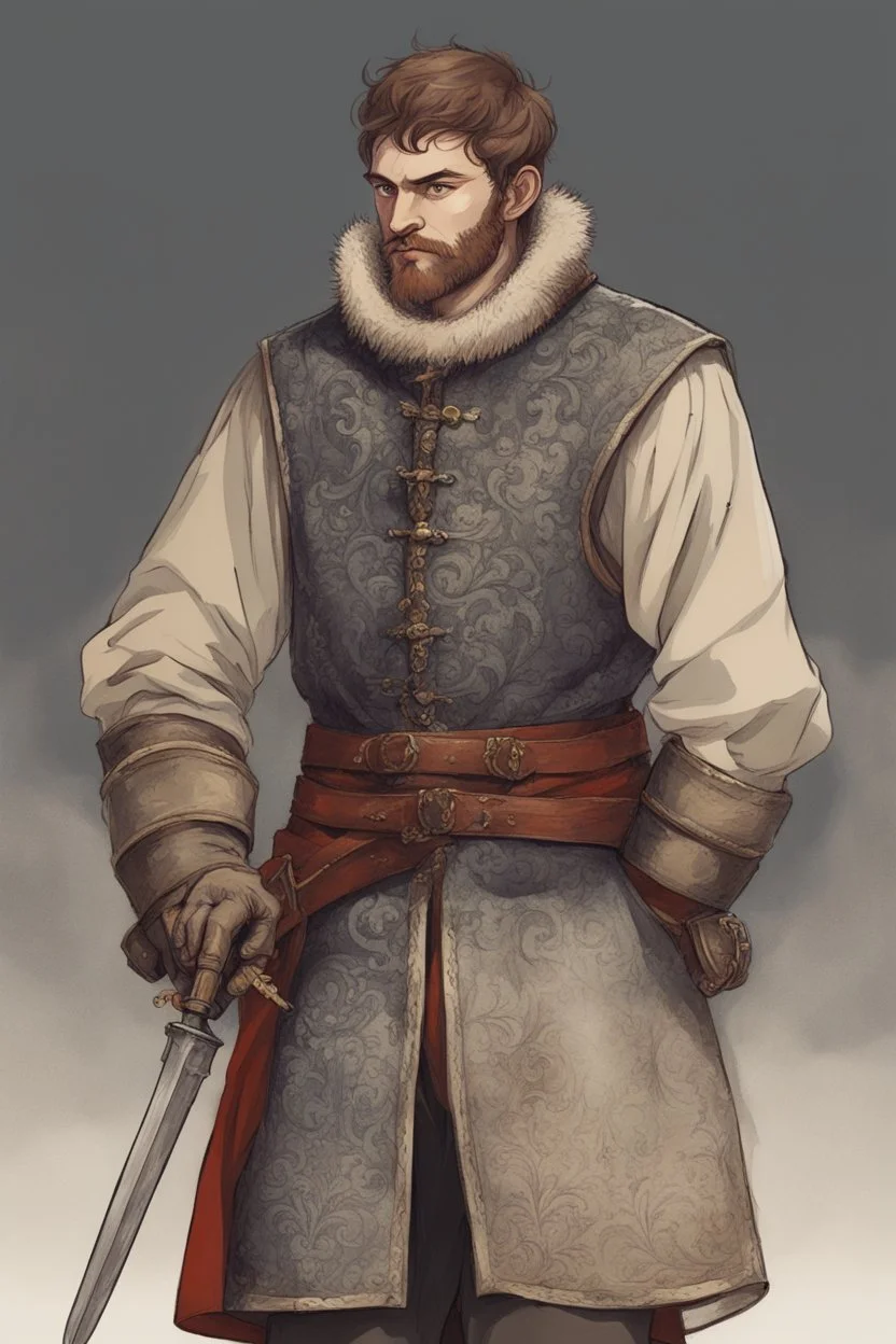 man, age 20, medieval, fighter, russian, croocked nose, czar, rich, simple clothes, short messy hair, thick beard, oligarch, leather coat with fur, brocade clothes, pencil drawing, black or red hair