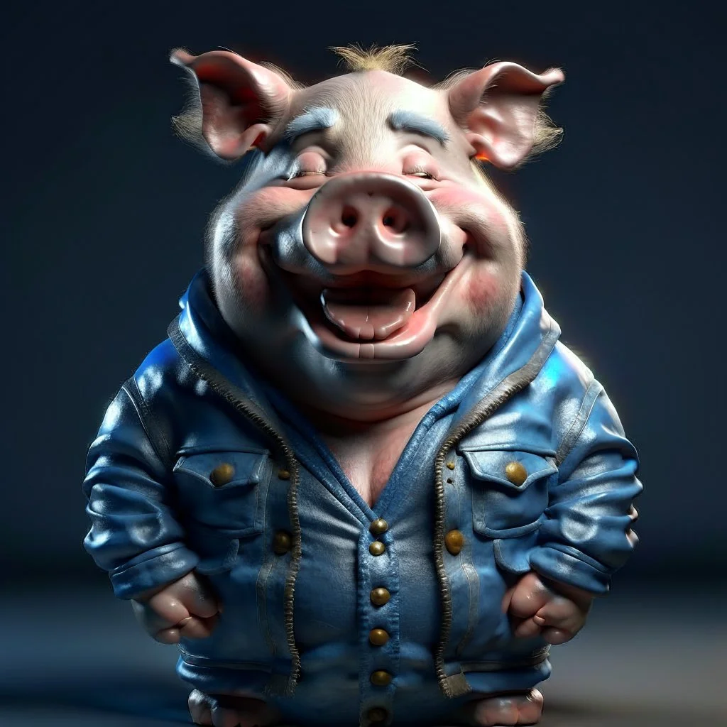 A north pole pig wearing a jean jacket with smile face, sleep pose, realistic render