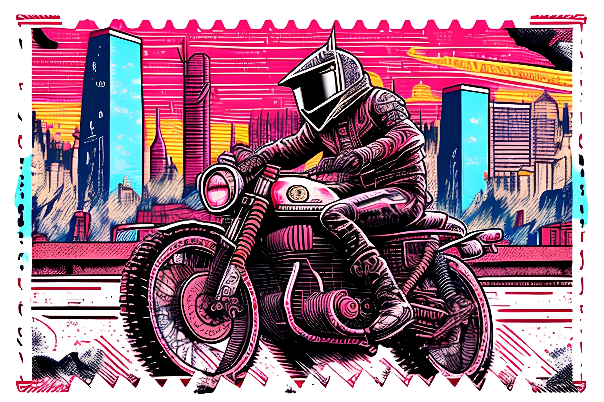 1980 Enduro Motorcycle cruising through an ink-punk styled city, vintage stamp aesthetic, LLart illustration resembling a dynamic comic book panel, vibrant colors, sketched with tiny, intricate details, sharp focus, bold high quality, vector style suitable for a t-shirt design, ultra-detailed, high resolution