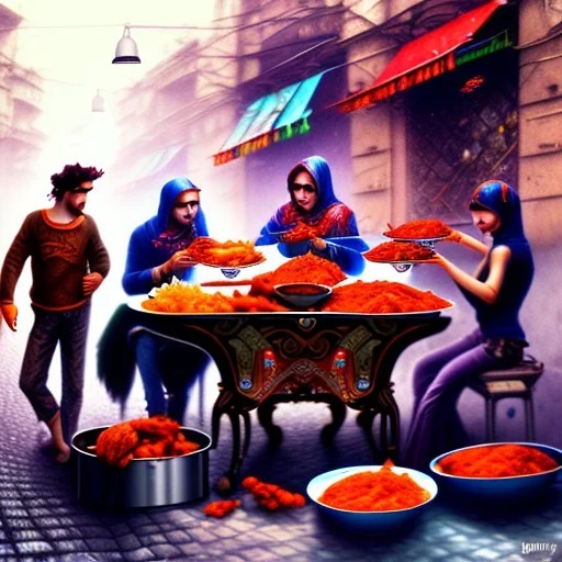 drunk gypsies eating ajvar on the street, cyberpunk