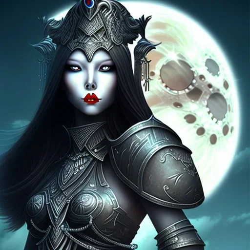 black hair lady warrior top with blade under the Moon