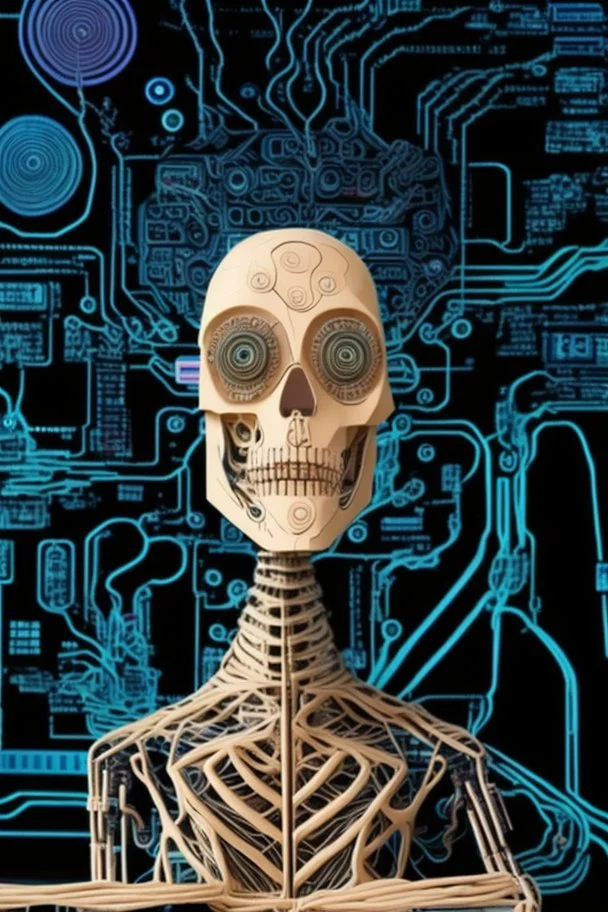 "AI Overlord" portrays a robot in front of a circuit board with the head being a television showing a talking head and the body being a skeleton dressed in a couture suit made from elaborately detailed quilling found in nature; neo-surrealism