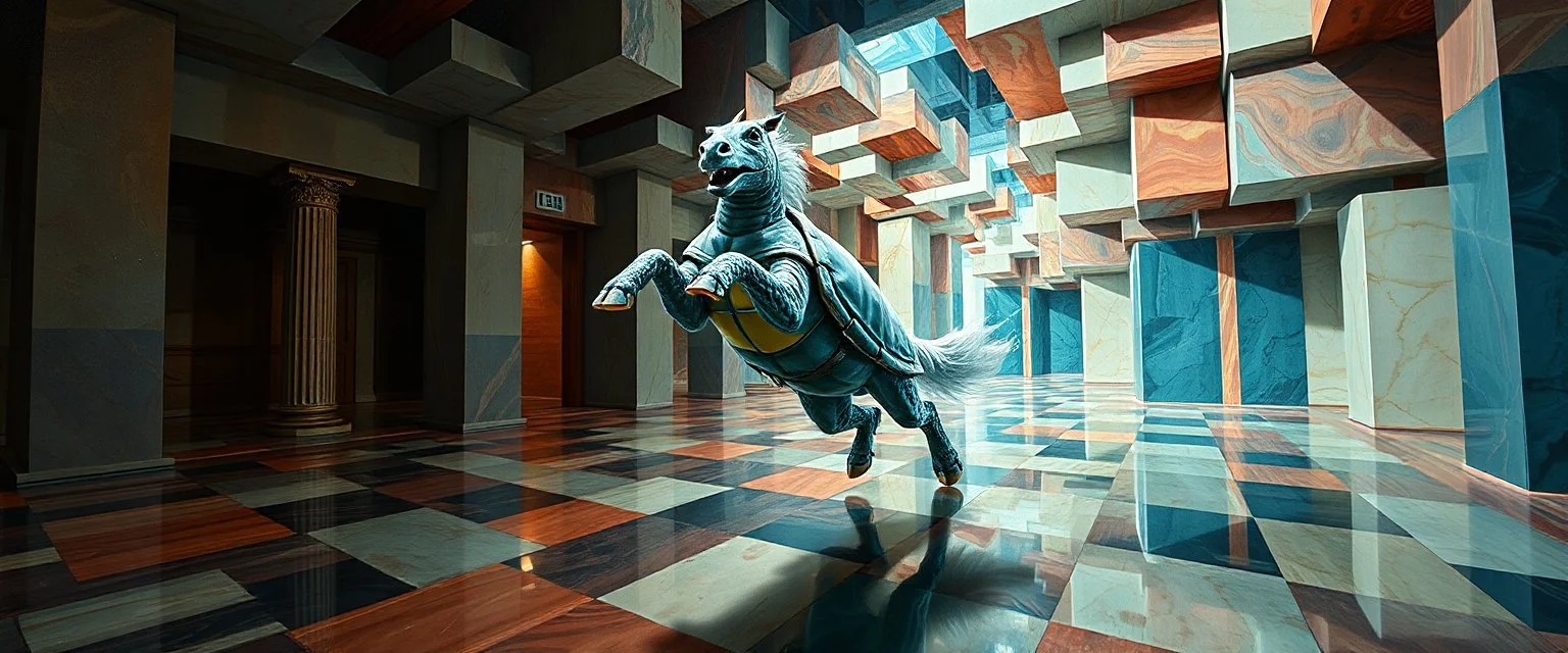 pin hole cam , master oil painting by Rembrandt, reflective marble madness opera jumping turtle horse character portrait, a living bowling marble halls with slightly tilted floor in a twisted block maze, scenery from the game "marble madness", crystal birds, the floor betrays, the walls collide