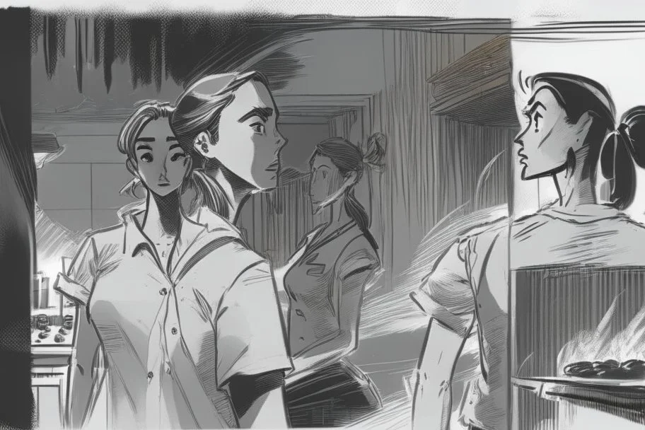 black and white storyboard, wide, on the Foreground there is a man and a girl in profile close to the camera, we see just their upper body and chins as they are passing by, and in the background, 3 chefs, scattered throughout the kitchen cooking, frying, cutting