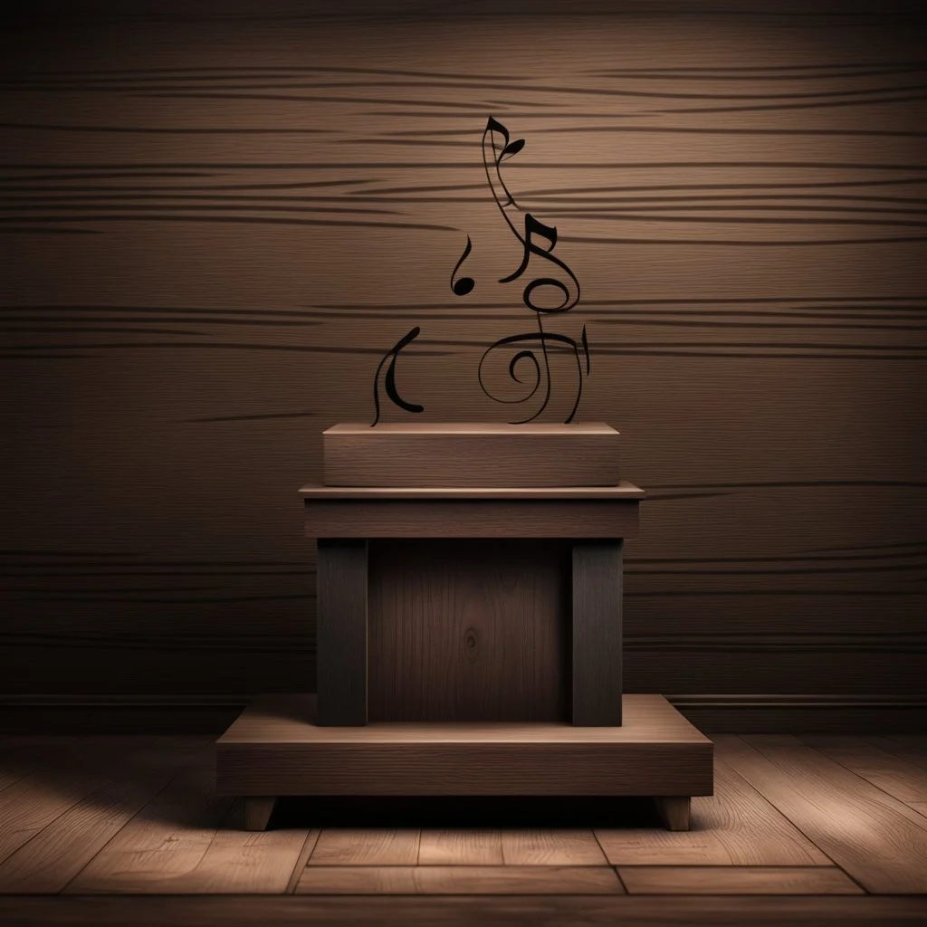 Hyper Realistic traditional product podium & dark rustic background with musical notes on it