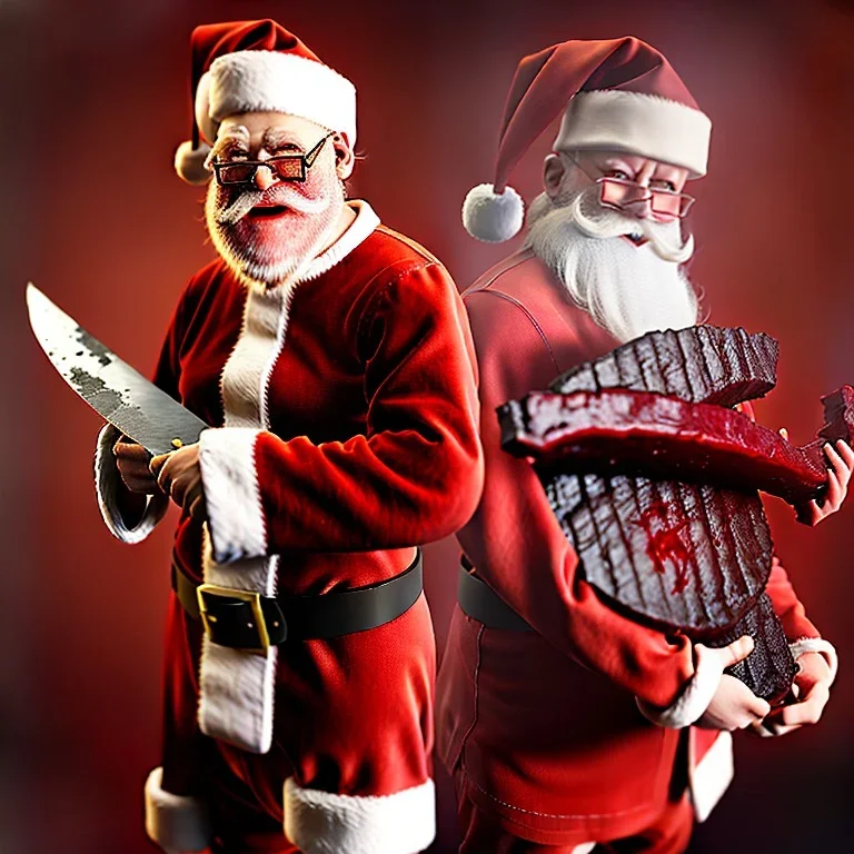 Photo, Santa Claus, blood and guts, butcher knife, meat cleaver, Satanic, steaks and raw meat