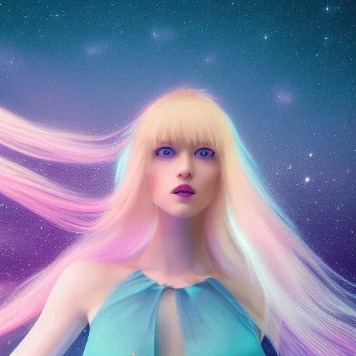 Full body white woman with legs, long blond hair, blue eyes, pink and blue dress in a galactic ambiance, delicate colors in the foreground, full of details, smooth, light effect，vaporwave colorful, smooth, extremely sharp detail, finely tuned detail, ultra high definition, 8 k, unreal engine 5, ultra sharp focus