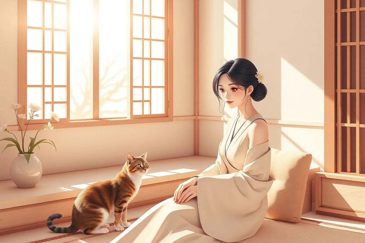 papercut, ukiyo-e, 3D characters, an elegant pretty young woman in an elegant beige-white-brown room S<AI in sunshine, cute tabby cat