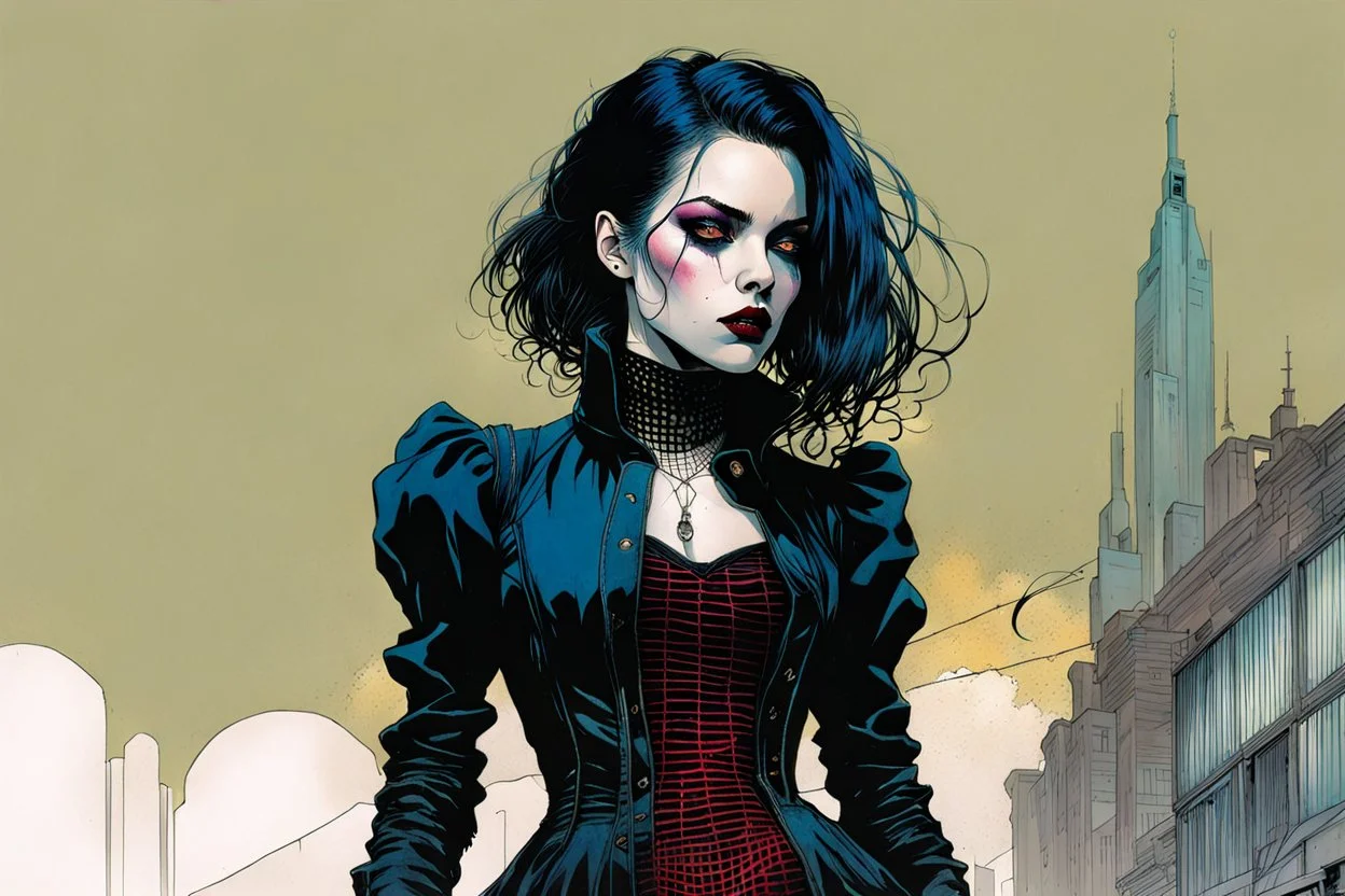 Create and fine print illustration of a Goth Girl with finely lined and detailed facial features in a ragged gothic dress, fishnet stockings ,battered combat boots, , in the graphic novel style of Bill Sienkiewicz, and Jean Giraud Moebius, precisely drawn, colored and inked