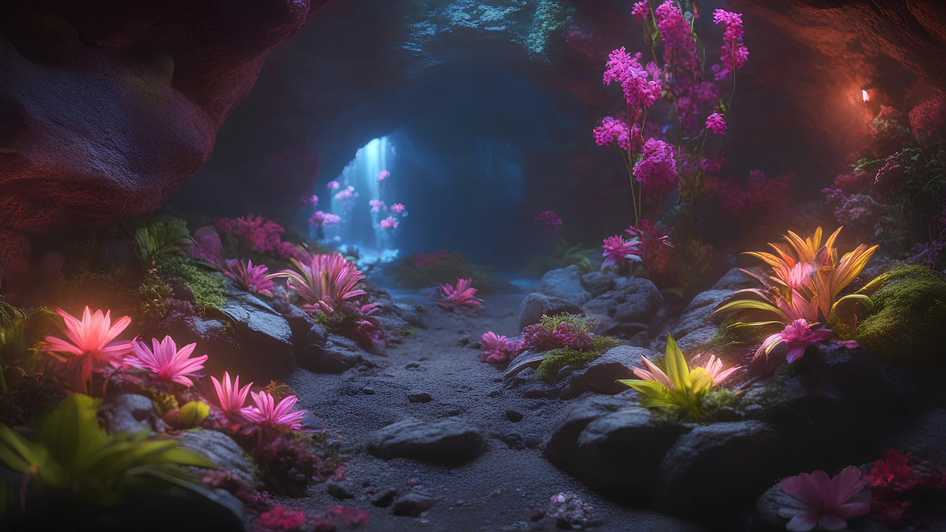 Photoreal dark underground cave with neon brightly neon glowing neon plants and flowers in the style of fantasy movies, photorealistic, shot on Hasselblad h6d-400c, zeiss prime lens, bokeh like f/0.8, tilt-shift lens 8k, high detail, smooth render, unreal engine 5, cinema 4d, HDR, dust effect, vivid colors