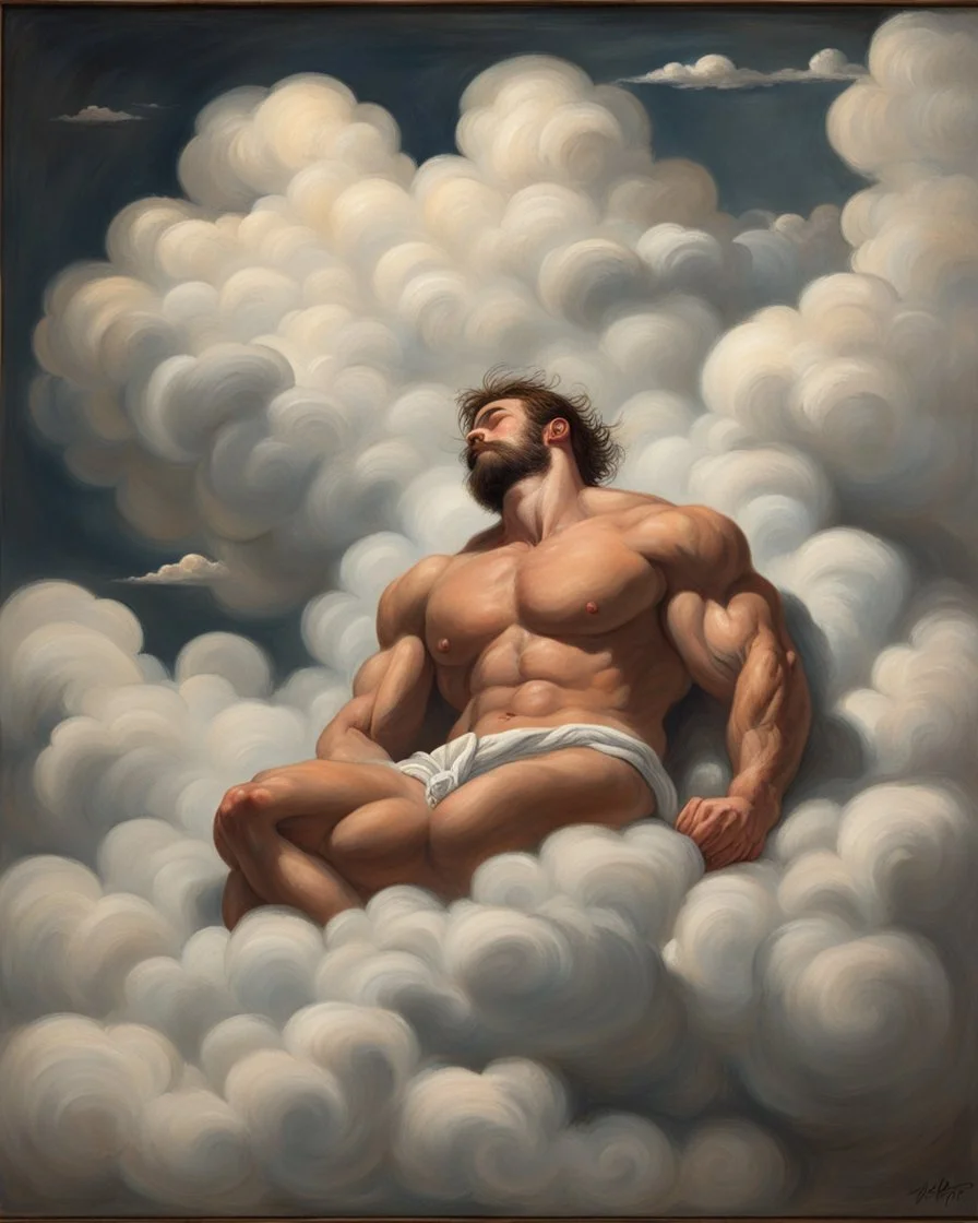 hairy muscle man sleeping in clouds. 19th painting