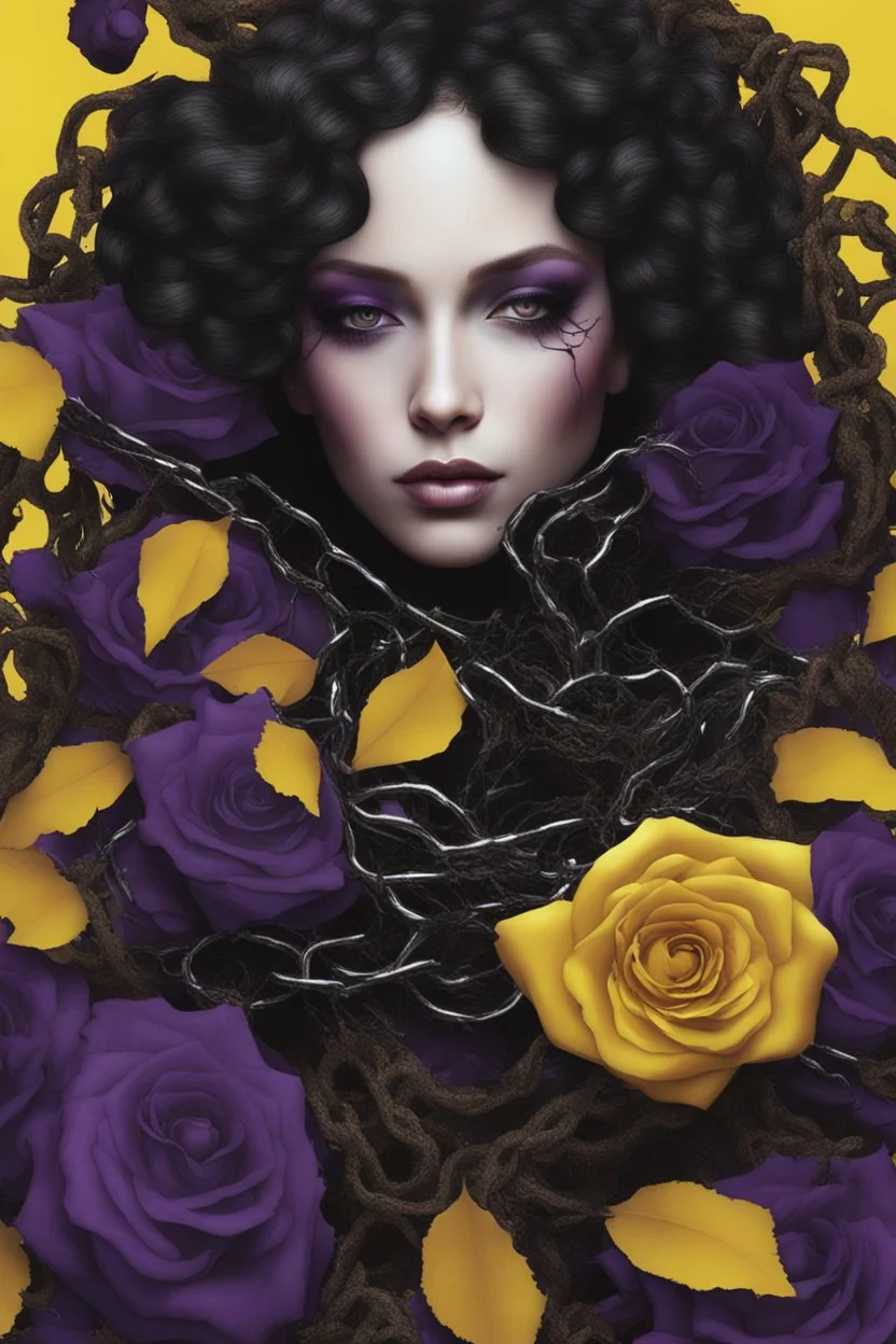 abstract creation of a beautiful girl with black curly hair, surrounded by black roses, wrapped in thick metal chains, glass petals on the ground, autumn and bright yellow and purple colours,dried out thorn bush, chaos,