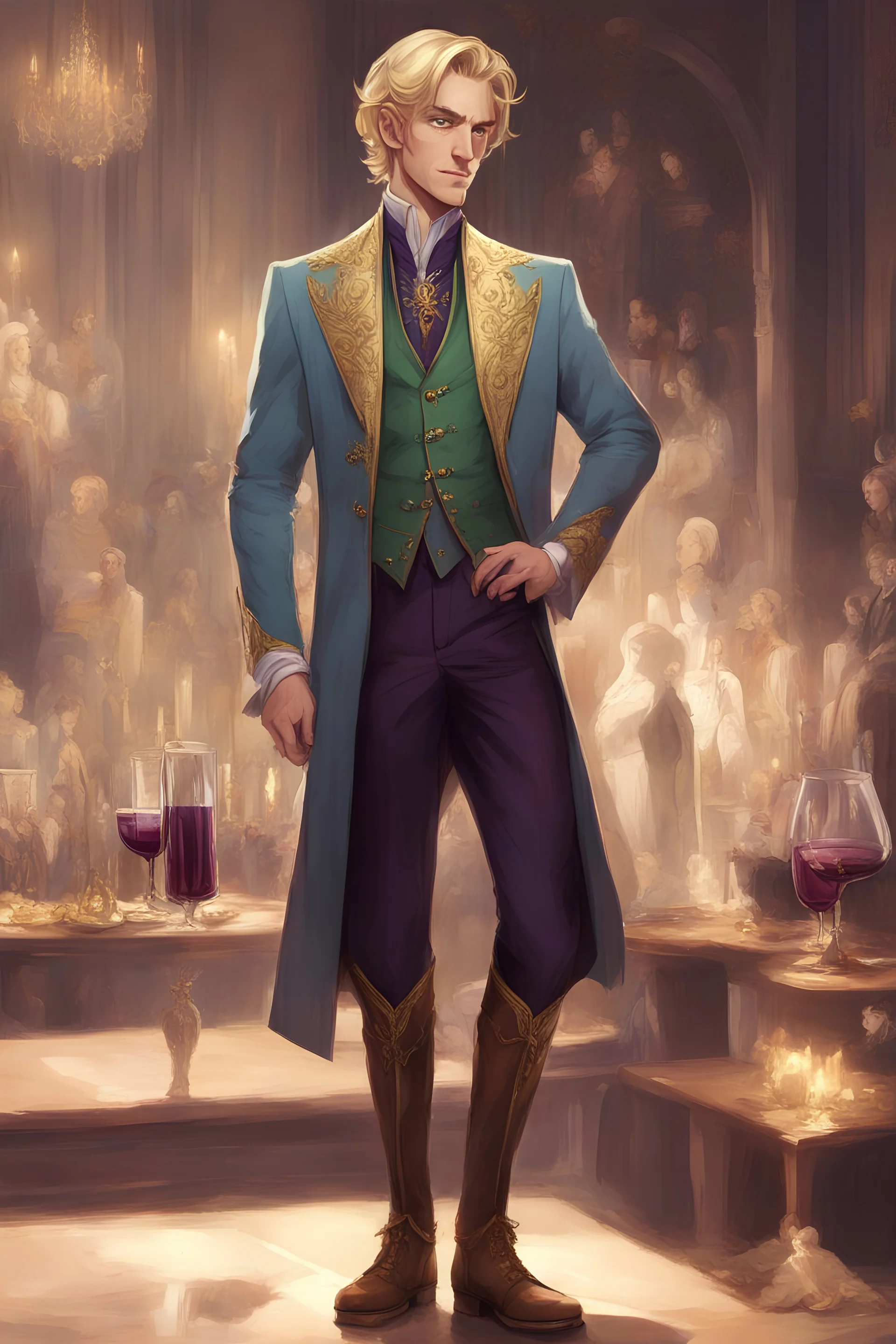 male, elf, blonde hair, green eyes, slender, light blue aristocrat coat with golden motif, dark purple shirt, brown expensive pants, brown boots with golden decoration, holding wine in a glass, single character, high class party background, smirking